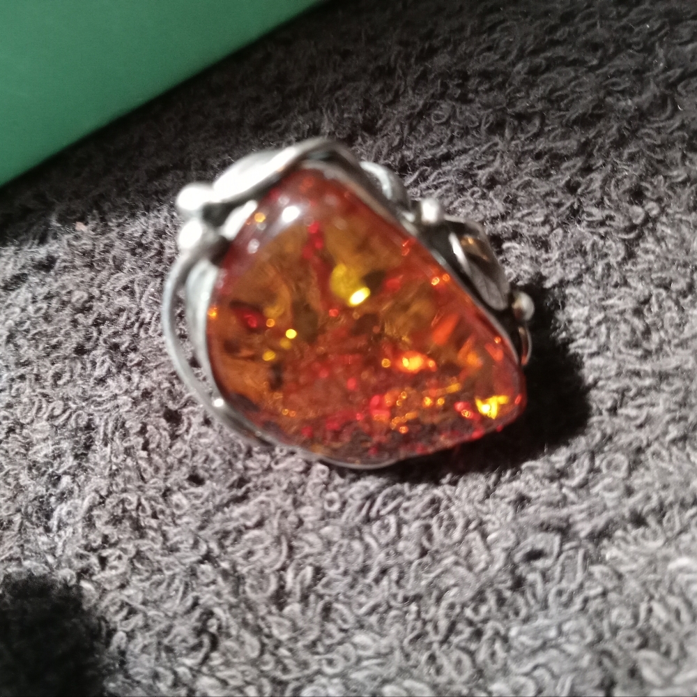 Vintage Amber Gemstone Sterling Silver Ring Sz 8
